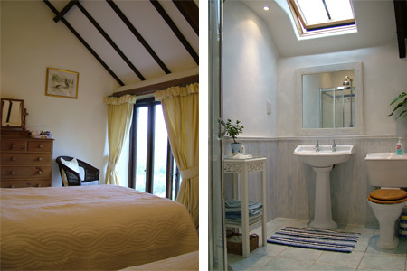 The orchard twin room and the adjacent bathroom